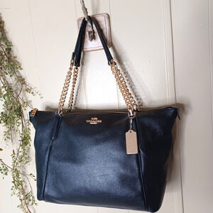 Coach Ava Chain Tote Black Pebbled Leather Large Purse Gold